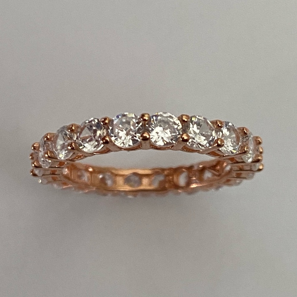 925 Silver band ring clear clear cubic zirconia cz stones 14k rose gold plated